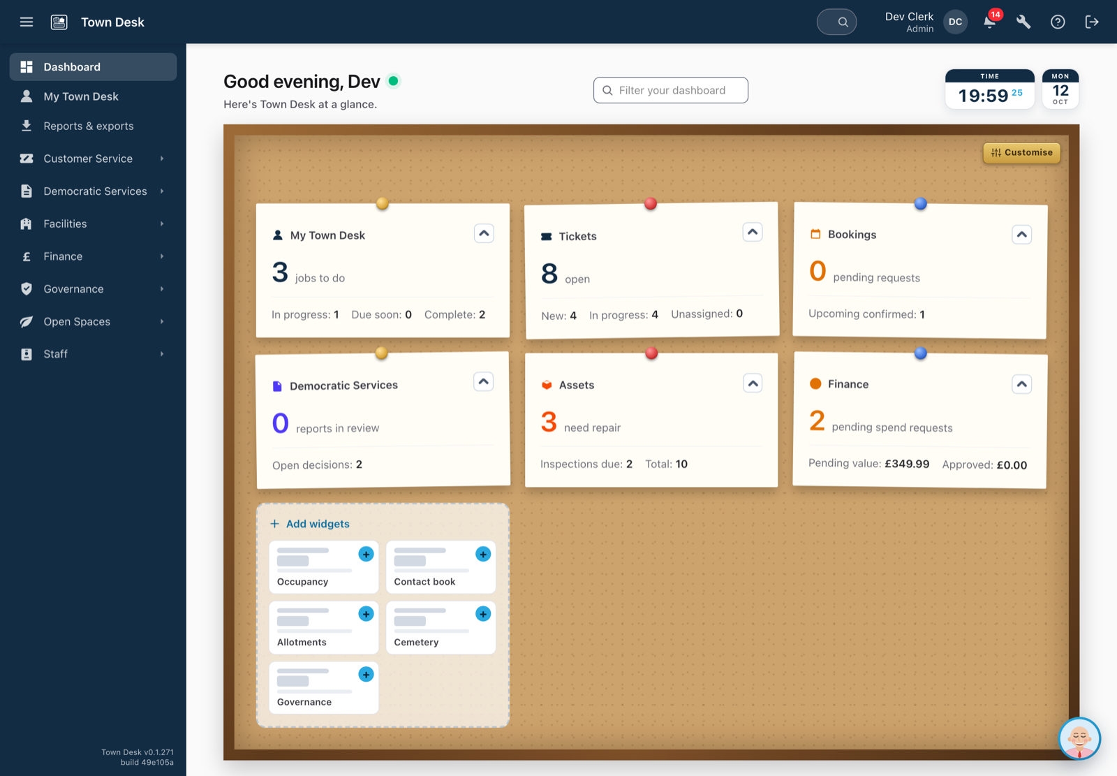 The Town Desk dashboard — a noticeboard of live widgets showing jobs to do, open tickets, bookings, assets needing repair and pending spend requests.