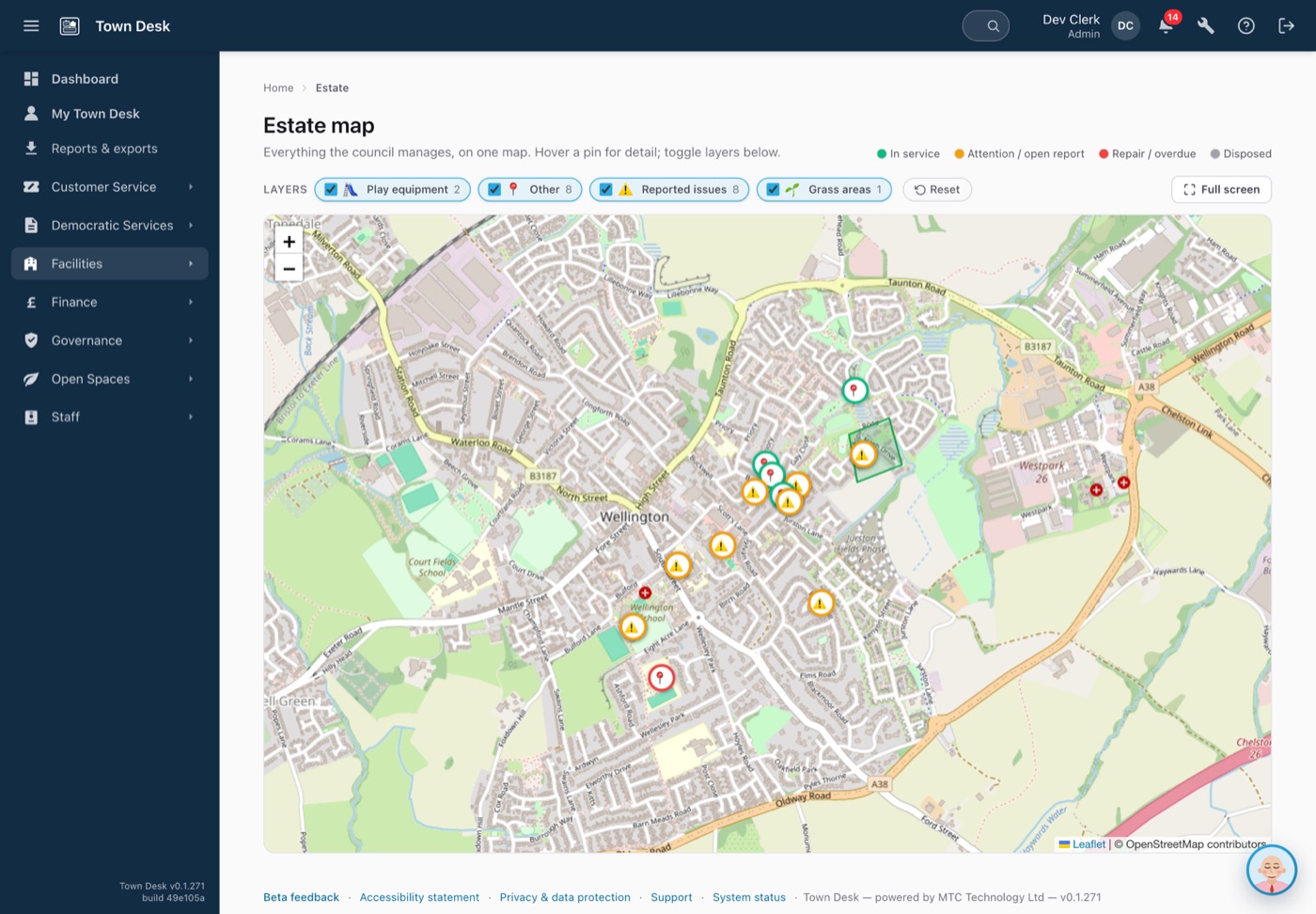 The Town Desk estate map — assets, play equipment, reported issues and grass-cutting areas on one map, colour-coded by condition.