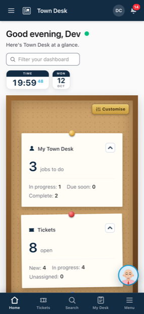 Town Desk running on a phone, showing the dashboard with a bottom tab bar.